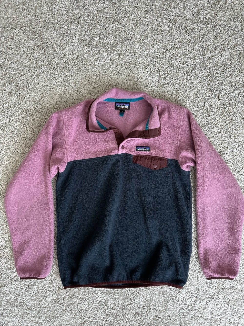 Patagonia Women's Synchilla Snap-T Sweater in Pink and Dark Navy